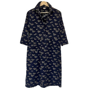 NAVY Blue Vintage Cotton Midi Dress Nautical Boats and Harbour Print Coastal